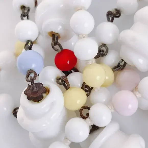 Vintage Milk Glass Lariat Necklace Long Knotted Beaded Y Drop Fun Folk Art Style - Picture 6 of 13